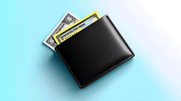 A sleek black wallet partially open with cash peeking out against a soft blue gradient background photo