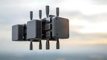 Aerial drone with multiple rotors flying against a cloudy sunset backdrop, showcasing technology in motion photo