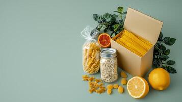 A vibrant arrangement of pasta varieties, citrus fruits, and greenery on a soft green backdrop photo