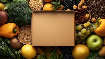 A vibrant arrangement of fresh fruits and vegetables surrounding an empty cardboard box on a table photo