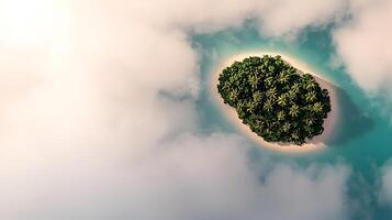 Aerial view of a lush tropical island surrounded by turquoise waters and soft clouds photo