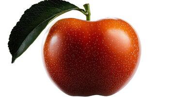A vibrant red apple with a green leaf, isolated on a white background, ideal for food photography photo