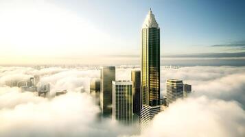 Aerial view of skyscrapers emerging from fog, showcasing modern architecture and city life photo