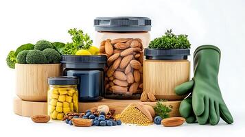 Assorted healthy ingredients in jars and containers, showcasing fresh produce and nuts photo