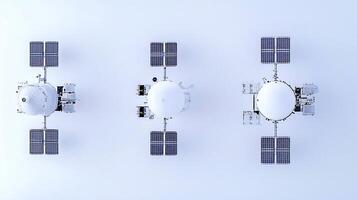 Aerial view of three spacecraft with solar panels, showcasing technology in a clean environment photo