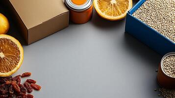 A vibrant arrangement of dried fruits, grains, and citrus on a gray surface, showcasing healthy snacks photo