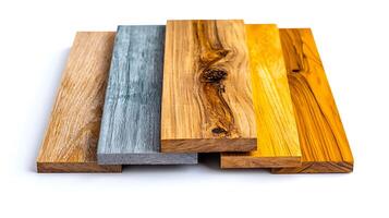 Assorted wooden planks showcasing various textures and colors, arranged neatly for display photo