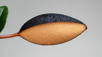 Close-up of a glossy black and orange seed pod with water droplets on a neutral background photo