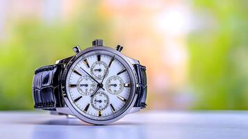 Close-up of a stylish chronograph watch on a table with a blurred garden background photo