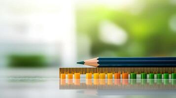 Close-up of a green pencil and a colorful ruler on a blurred background of greenery photo