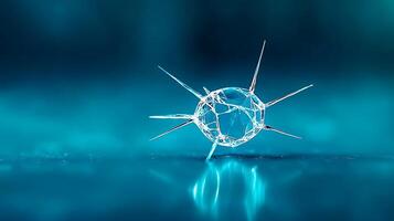 Close-up of a delicate crystal structure with sharp spikes against a soft blue background photo