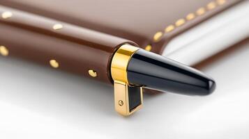 Close-up of a luxurious brown leather notebook with a gold-accented pen resting on its edge photo