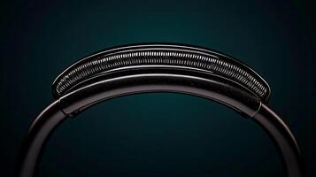 Close-up of a sleek, curved metallic object against a dark gradient background, showcasing its design photo