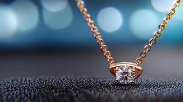 Close-up of a sparkling diamond pendant on a delicate chain against a blurred background photo