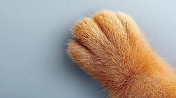 Close-up of a fluffy orange cat paw resting on a smooth gray surface, showcasing its texture photo