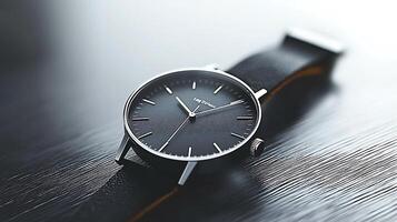 Close-up of a sleek black watch on a wooden surface, showcasing minimalist design and elegance photo