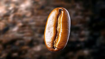 Close-up of a coffee bean floating against a blurred rustic background, highlighting its texture photo