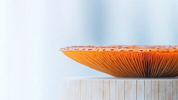 Close-up of a beautifully crafted mushroom-shaped object on a wooden pedestal against a soft background photo