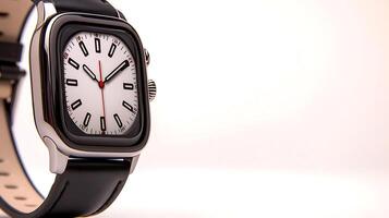 Close-up of a sleek modern watch with a white face and black strap on a minimalist background photo
