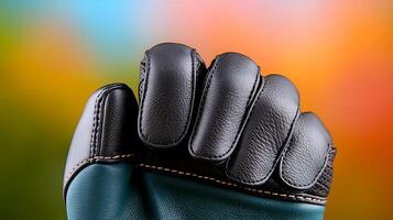 Close-up of a black leather glove in a colorful blurred background, showcasing its texture and design photo