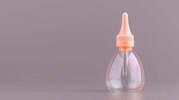 Clear dropper bottle with a pink cap on a minimalist gray background, showcasing product design photo