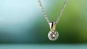 Close-up of a sparkling diamond pendant hanging from a delicate chain against a blurred green backdrop photo