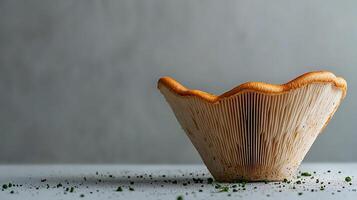 Close-up of a fresh mushroom cap on a clean surface with scattered herbs, highlighting its texture photo