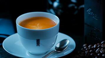 Close-up of a steaming cup of coffee on a saucer with coffee beans, set in a dimly lit caf photo