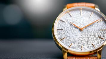 Close-up of a stylish watch with a textured face and orange strap against a blurred background photo