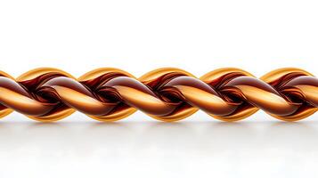 Close-up view of a twisted copper and gold rope against a clean white background, showcasing texture photo