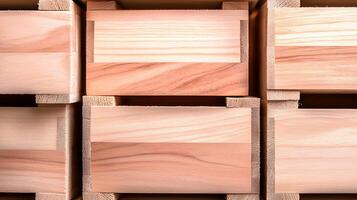 Close-up view of neatly arranged wooden boxes showcasing natural grain patterns and textures photo