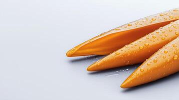 Close-up of fresh orange carrots with water droplets on a smooth white surface photo
