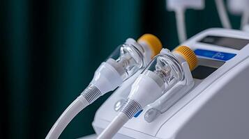 Close-up of medical nebulizer with clear tubing and yellow connectors against a green backdrop photo