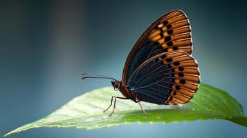 Close-up of a vibrant butterfly resting on a green leaf in a serene natural setting photo