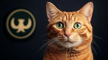 Close-up portrait of an orange tabby cat with striking green eyes against a dark background photo