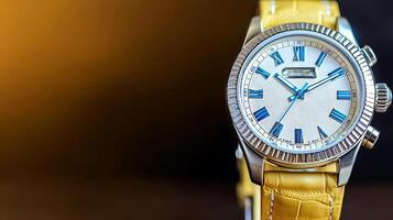 Close-up of a stylish watch with a yellow strap, showcasing intricate design and craftsmanship photo