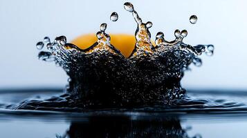 Close-up of a vibrant orange fruit splashing into clear water, creating dynamic droplets photo