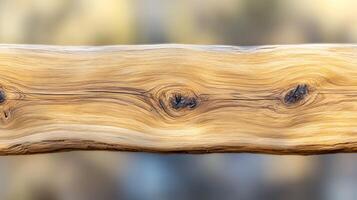 Close-up view of a rustic wooden beam showcasing natural grain patterns and knots photo