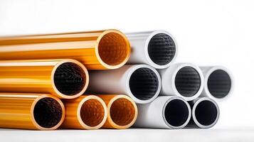 Close-up view of colorful cylindrical pipes stacked artistically on a white background photo