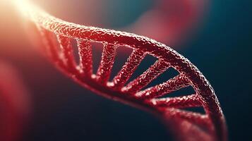 Close-up view of a red DNA helix showcasing intricate details and glowing background elements photo