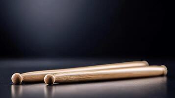 Close-up of two wooden drumsticks resting on a dark surface with soft lighting, ideal for music themes photo