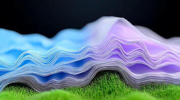 Colorful layered paper waves on green grass with a dark background, creating a serene atmosphere photo
