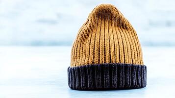 Cozy knitted beanie hat in warm tones displayed on a light surface with a soft background photo