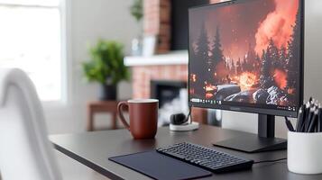 Cozy workspace featuring a computer displaying a forest fire scene, with a warm drink and stationery photo