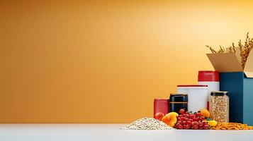 Colorful assortment of food products arranged aesthetically on a minimalistic background photo