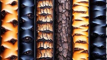 Close-up view of various tree bark textures showcasing different colors and patterns in nature photo