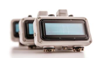 Close-up view of three electronic devices with digital displays on a white background, showcasing technology photo