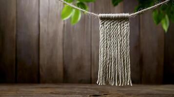 Decorative macram hanging on a wooden background with greenery, showcasing craftsmanship and texture photo