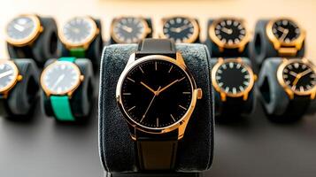 Collection of elegant wristwatches displayed on plush stands, showcasing various designs and colors photo