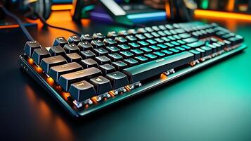 A close-up view of a sleek mechanical keyboard with vibrant backlighting on a gaming desk photo